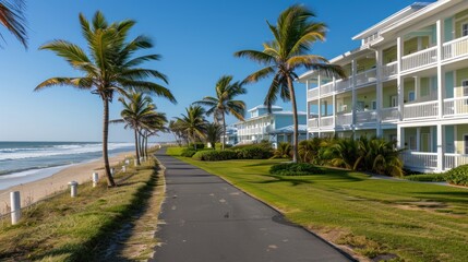 Fototapeta premium Coastal Pathway Leading to Palm Tree-Lined Beachfront Condos