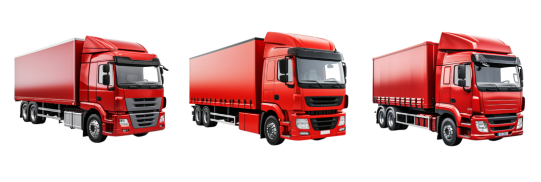 Set of heavy duty red cargo truck for transportation isolated on transparent background 