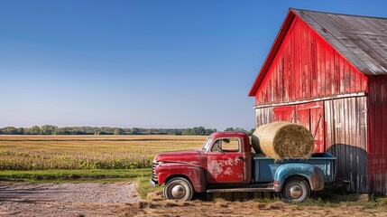Fototapeta premium A vintage pickup truck parked beside a red barn on a farm, with hay bales in the back and fields of crops in the distance, under a clear blue sky, in a nostalgic, painterly style