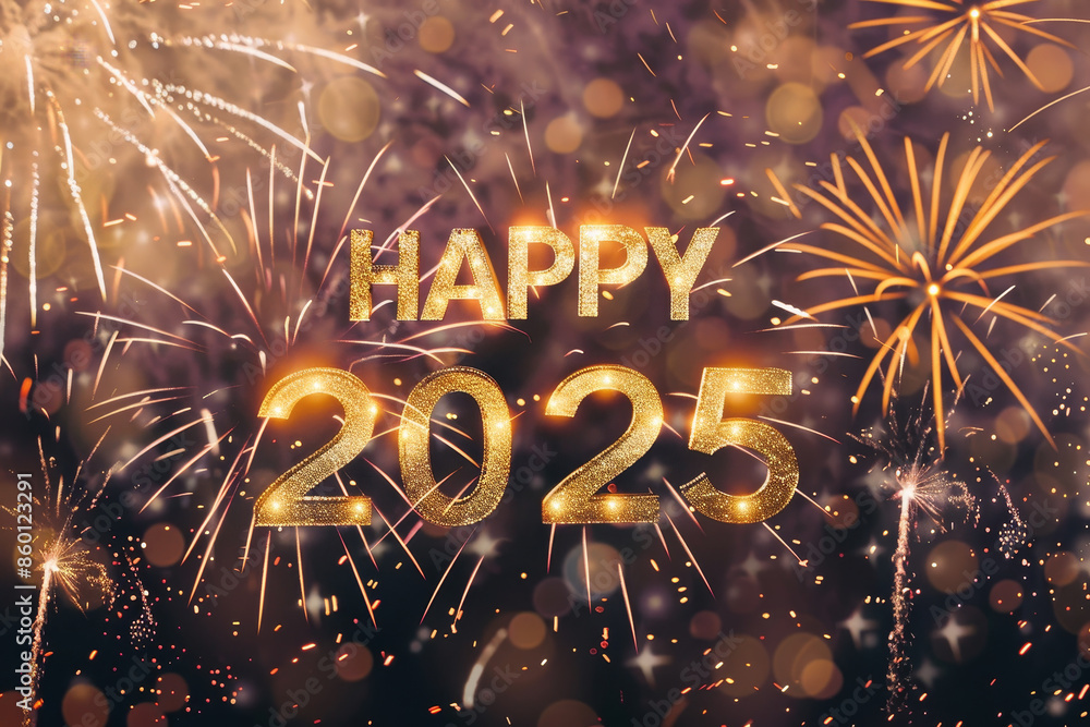 Poster a fireworks display with the number twenty-five written in gold letters