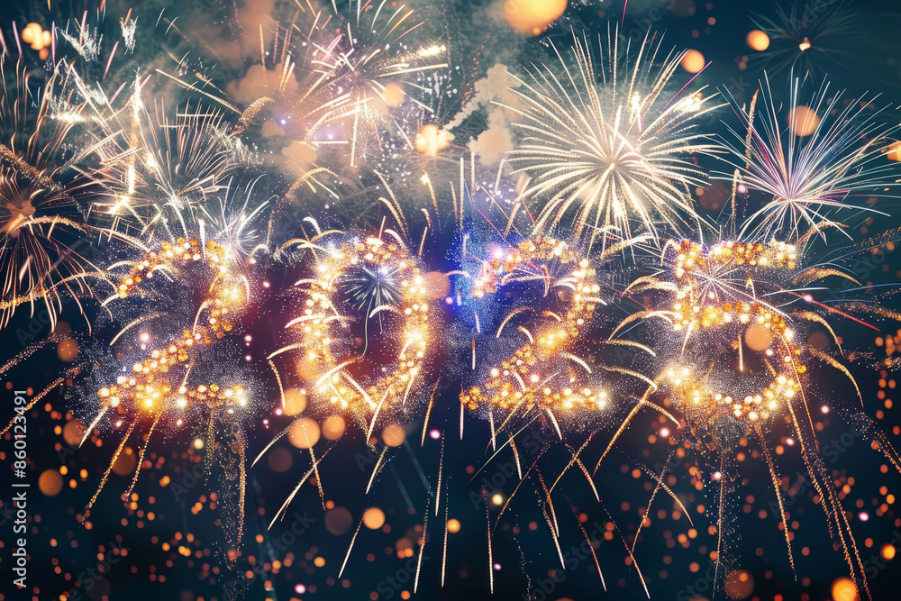 Poster a fireworks display with the number 25 written in the middle