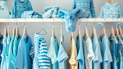 Dressing closet with clothes arranged on hangers.Colorful onesie of newborn,kids, toddlers, babies on a rack.Many colorful t-shirts, shirts,blouses, onesie hanging, bear toy