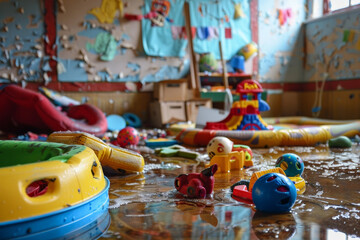 A room with a lot of toys and a lot of water