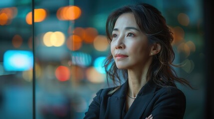 Fototapeta premium A contemplative woman in a black blazer gazing thoughtfully out of a large window, with the blurred lights of a city skyscraper backdrop during dusk.