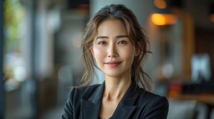 A professional woman in a black blazer, with a warm yet confident smile, standing inside a modern office environment with soft lighting and a blurred background.