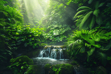 A lush jungle scene with a river running through it