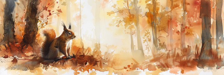 Squirrel sitting on the ground. Watercolor painting. Colorful autumn forest. Autumn banner.