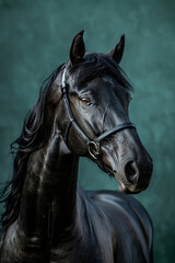 Fototapeta premium A powerful black stallion, symbolizing equestrian beauty, stands in a pastoral field.
