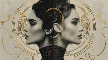 Captivating Collage Portrait of Elegant Female Subject with Art Deco Patterns and Striking Facial Expression