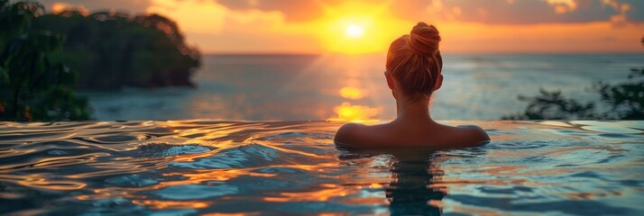 In a blissful waterfront resort, a carefree lady swims at sunset, embodying relaxation and paradise.