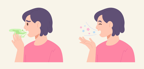 Woman checking her mouth breath with halitosis and fresh breath. Concept of health care, bad breath problem, oral health, dental health, smelly mouth. Flat vector illustration character.
