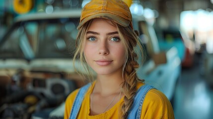 In her specialized workwear, a young woman mechanic poses for a captivating portrait, her attractive aura illuminating the auto-repair shop.