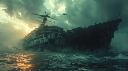 Fototapeta premium Through the murky waters of the ocean, the wreckage site unveils an ancient ghost ship, grounded and lost, now rediscovered after many years.