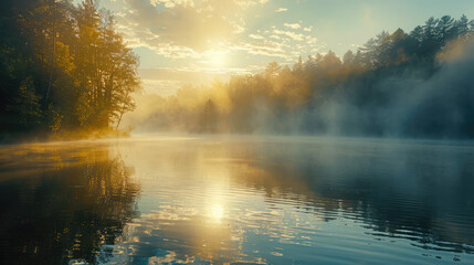 Mist drifts over tranquil lake at sunrise creating magical atmosphere in the countryside