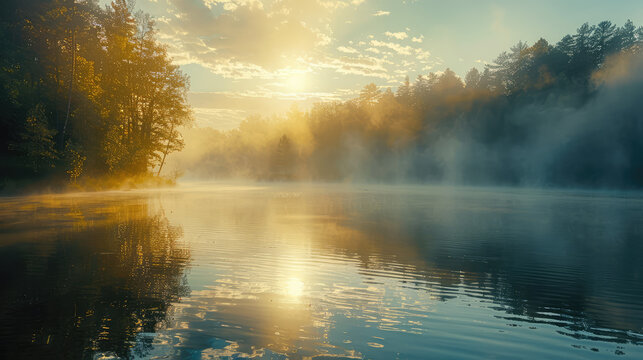 Mist drifts over tranquil lake at sunrise creating magical atmosphere in the countryside