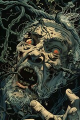 Horrifying Japanese Horror-Inspired Zombie Emerging from Overgrown Vines with Distressed and Decaying Features in Stark Coloured Pencil Drawing