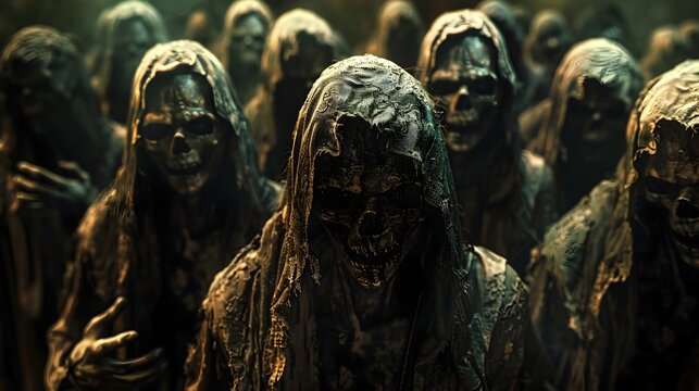 Menacing Illuminati Zombie Horde in Ominous Ritual at Crumbling Temple Ruins with Dramatic Lighting