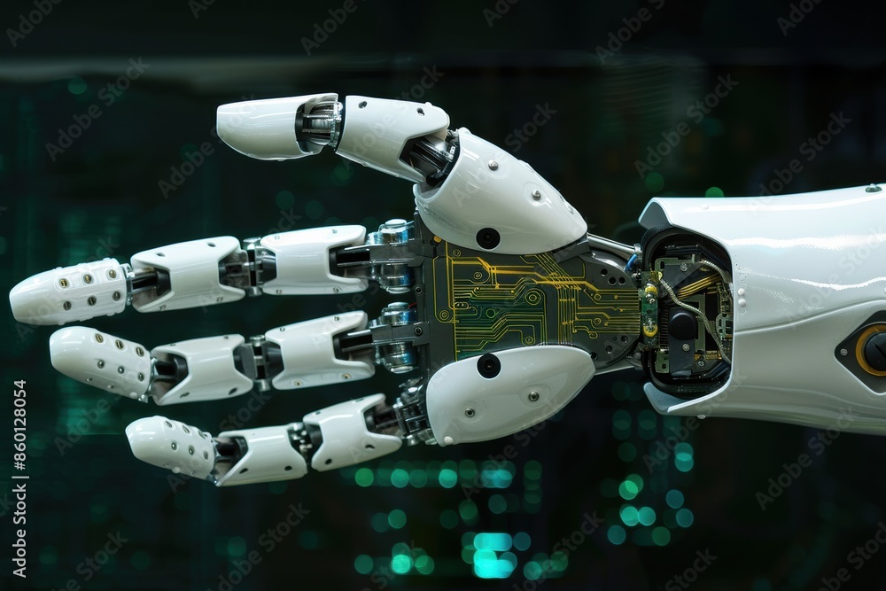 Poster a robotic hand with a circuit board in its palm