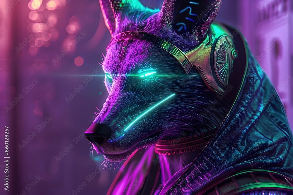 Poster reimagining of ancient egyptian deity anubis with neon accents and hyper-detailed futuristic portrai