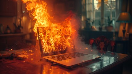 Highlighted against the backdrop of a peaceful home interior, a laptop ravished by flames - a grave result of a malfunctioning and overheated battery.