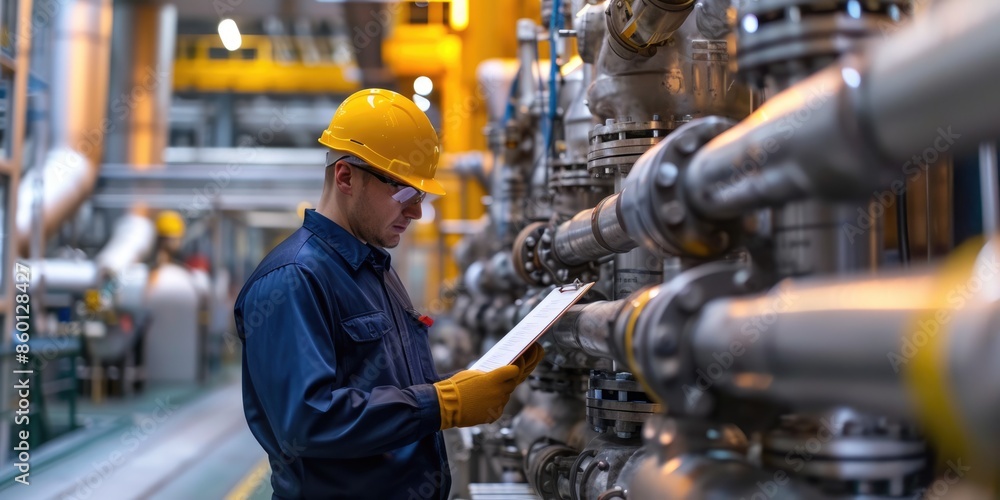 Poster smart engineer checking iron machine in factory while wearing safety helmet. professional industrial