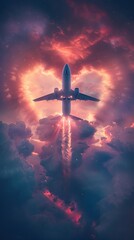 Fototapeta premium Sleek Jetliner Ascending into Heart-Shaped Cloud Formations against Vibrant Pastel Sky
