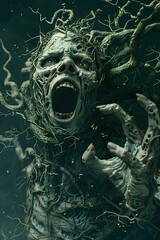 Terrifying Undead Zombie Bursting Forth from Twisted Vines - Minimalist Horror Movie Poster Design