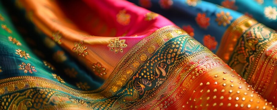 Close-up of colorful, traditional Indian silk fabric with intricate patterns and vibrant colors, showcasing cultural elegance and craftsmanship.