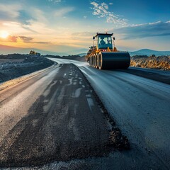 Fototapeta premium Asphalt Road Repair: Industrial Roller in Action