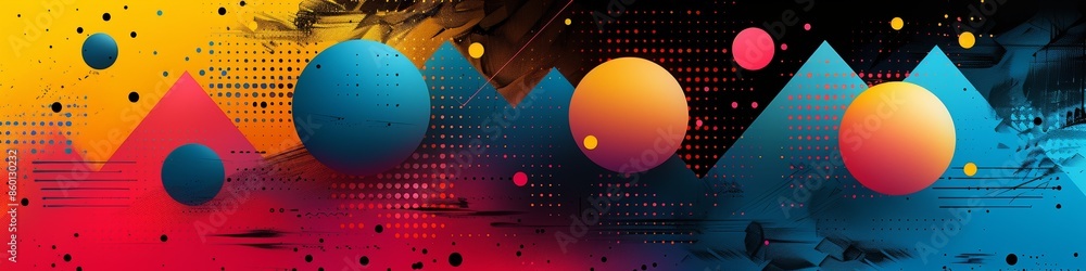 Poster a futuristic graphic design with dynamic geometric patterns and bright neon colors.
