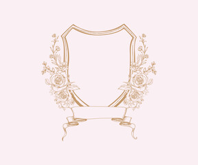 Elegant Floral Line art Bow Frame, Vintage Crest Frame Invite, Floral Clip art, Feminine Wedding Invitation Flower