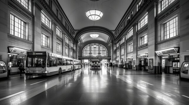 A large train station with a bus terminal in the background