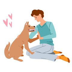 Boy and dog giving high five together among red hearts. Happy pet owner and animals making gesture of friendship, love and trust, guy training cute puppy to give paw cartoon  illustration
