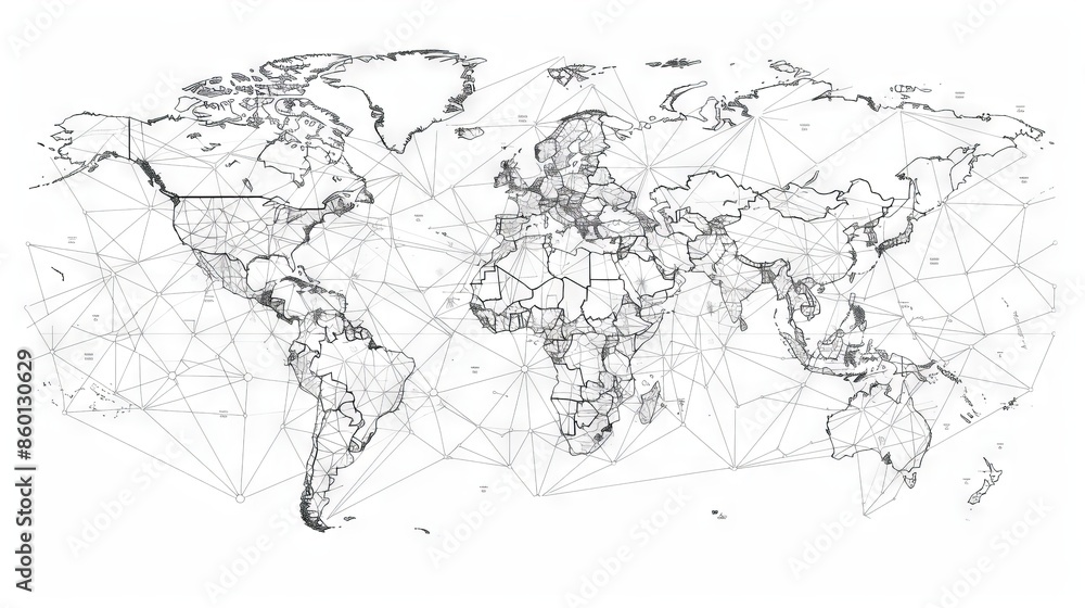 Poster clean line drawing of a world map with dotted lines representing travel routes.
