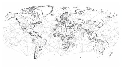 Clean line drawing of a world map with dotted lines representing travel routes.