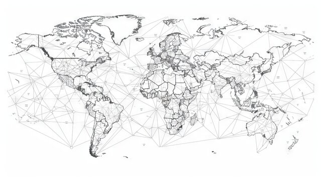 Fototapeta Clean line drawing of a world map with dotted lines representing travel routes.