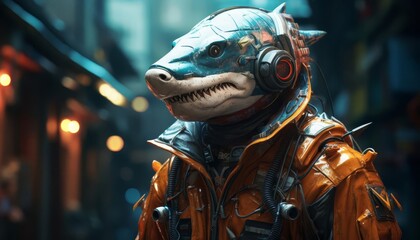 a Cyberpunk of auto robot Shark superhero photograph