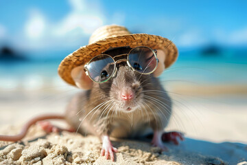 A rat animal is relaxing on the beach on the sand with a hat and glasses.