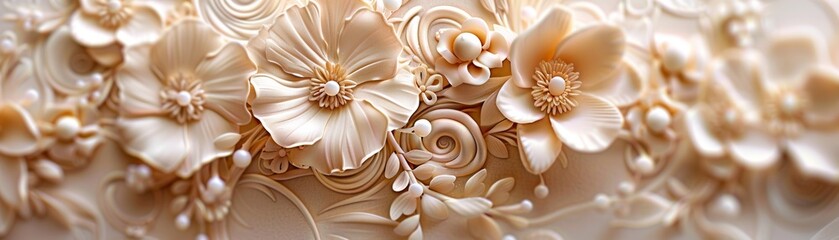 Delicate ivory floral relief with intricate details, showcasing beautiful flowers and leaves. Perfect for elegant home decor or artistic inspiration.