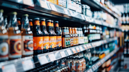 Shelves with craft beer in a supermarket