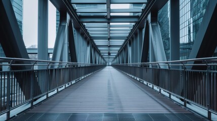 Fototapeta premium A long bridge with a metal railing and a glass ceiling