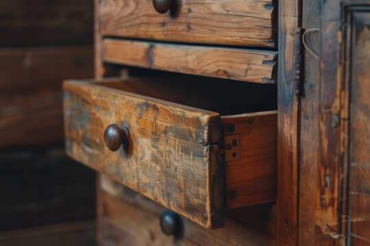 A comode made of natural wood with drawers and bronze handles. Close-up.