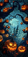 Fototapeta premium Creepy Pumpkin Patch Halloween Illustration