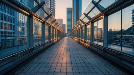 A long, empty walkway with a city skyline in the background