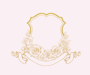 Elegant Floral Line art Bow Frame, Vintage Crest Frame Invite, Floral Clip art, Feminine Wedding Invitation Flower