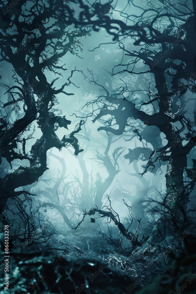 Canvas Prints Eerie Forest Border with Twisted Trees and Howling Wolves