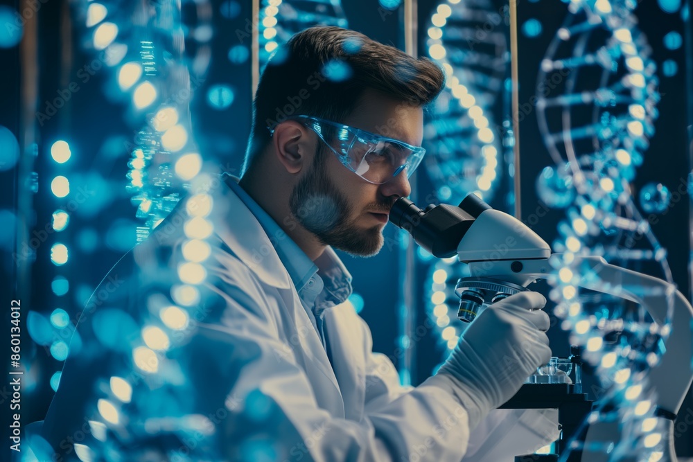 Poster a professional scientist in a laboratory, analyzing dna samples using a microscope and advanced tech