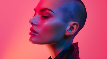 Modern beauty portrait Young woman with shaved head Colored gel fashion look : Generative AI