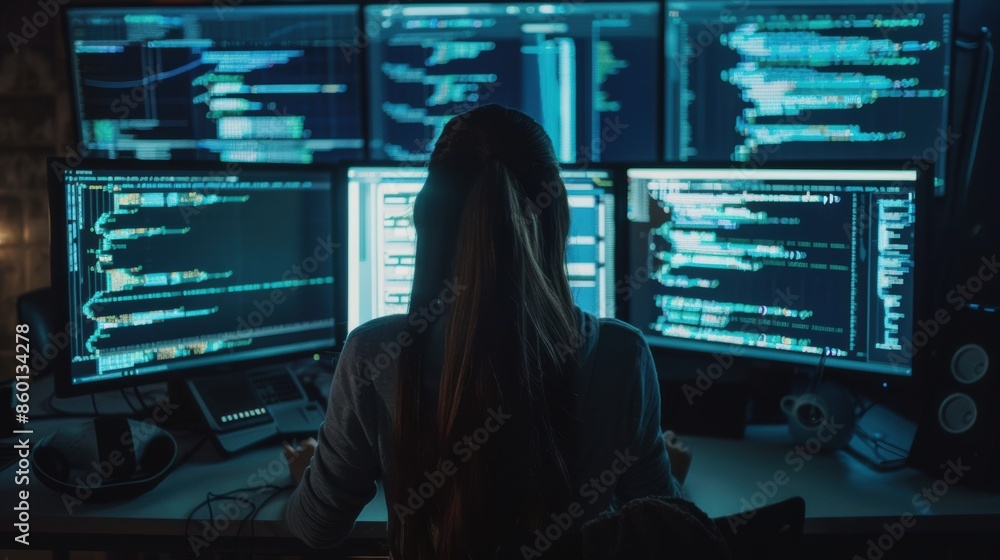 Poster medium shot of woman working as a developer, surrounded by big screens displaying lines of code in d