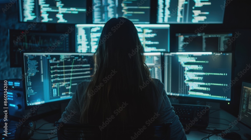 Aufkleber medium shot of woman working as a developer, surrounded by big screens displaying lines of code in d